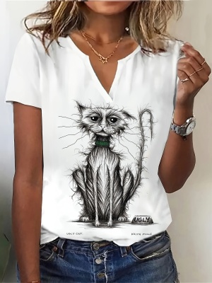 2024年夏季女士短袖T恤时尚独立日国旗猫印花短袖上衣休闲女装