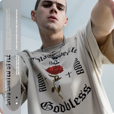 VIVGAE小众设计复古玫瑰哥特风印花短袖T恤个性炸街潮牌宽松男装