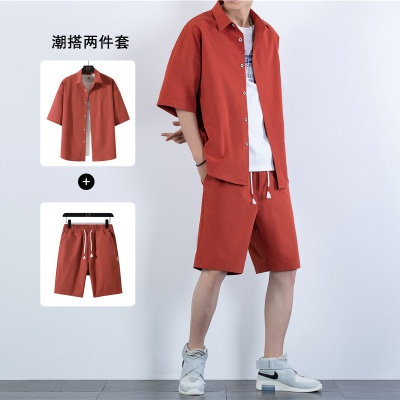 2023新款男士夏季时尚修身港风休闲短袖短裤套装运动两件套套装