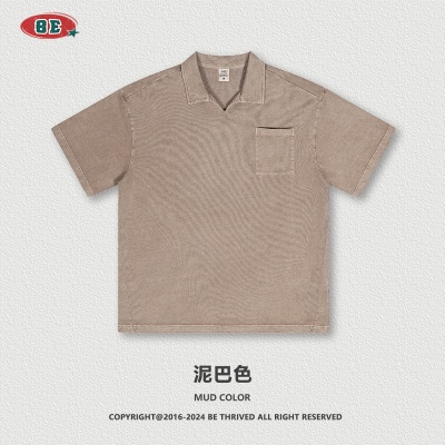 BE男装2025春夏水洗翻领短恤青少年宽松型度假风古巴领短恤t恤男
