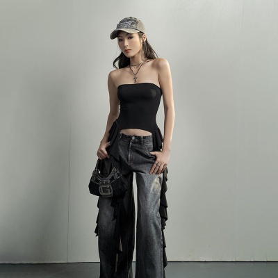 2023欧美风性感辣妹女装夏季荷叶边一字肩裹胸上衣亚马逊爆品