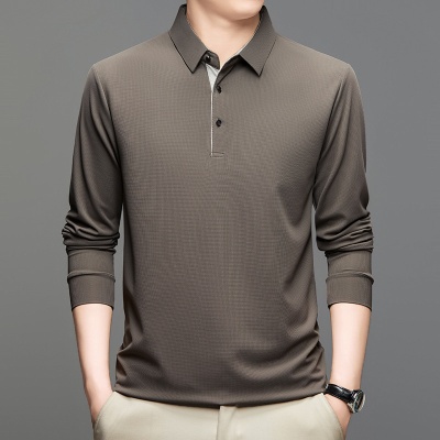 跨境外贸冰丝弹力薄款长袖t恤男式春秋季中年休闲打底polo衫上衣