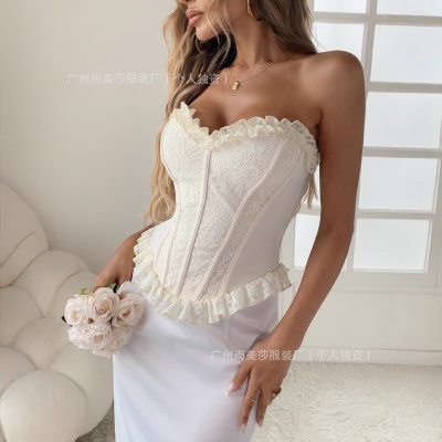 跨境欧美纯欲风辣妹小众高级感蕾丝拼接可束腰显瘦抹胸上衣女外穿