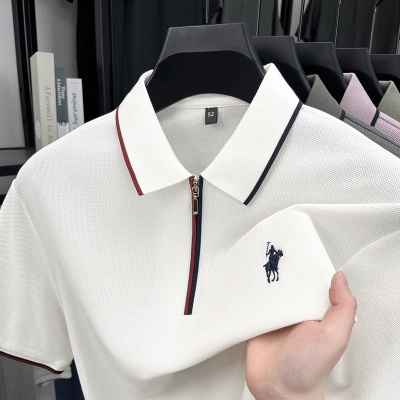 男士夏季新款半拉链时尚拼色刺绣男polo短袖中青年高端韩版休闲T