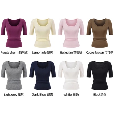圆领中袖复古基础针织上衣女修身五分袖T恤U领天丝打底衫2025夏现