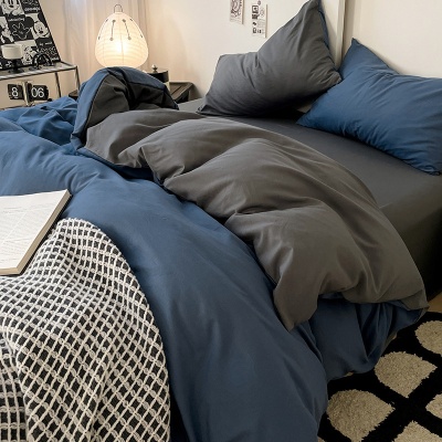 ins风纯色双拼水洗棉床上四4件套学生宿舍床单被套雾霾灰三件套