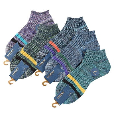 春秋新款男士袜子双针短筒棉袜运动户外船袜混线拼色吸汗透气批发