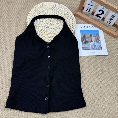 8120#开春新款V领挂脖带胸垫背心纽扣设计百搭性感内搭外穿上衣女