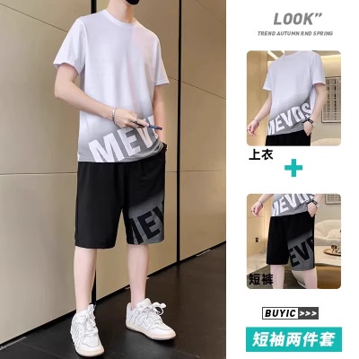 夏季速干渐变色冰丝套装男士宽松潮流短袖短裤休闲运动两件套男装