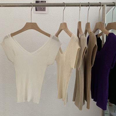 欧玛莱 纯欲风夏季时尚双V领短袖纯色修身显瘦针织衫上衣批发3215