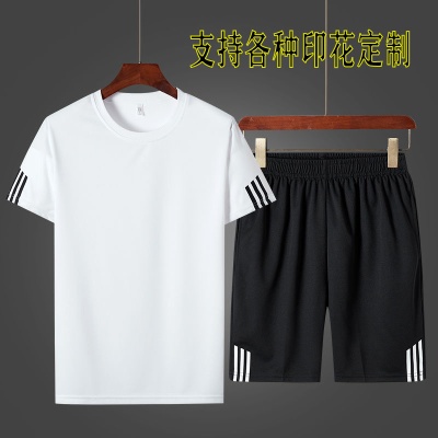 夏季跑步运动服套装男士宽松速干短袖短裤休闲套装潮大码外贸套装