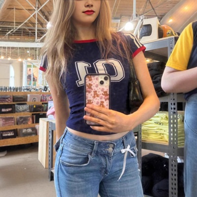 跨境外贸欧洲数字印花个性休闲女士上衣短款圆领街头时尚性感