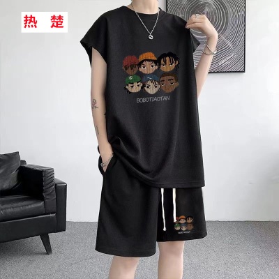 夏季新款大码男士运动套装华夫格潮无袖背心t恤百搭休闲两件套12