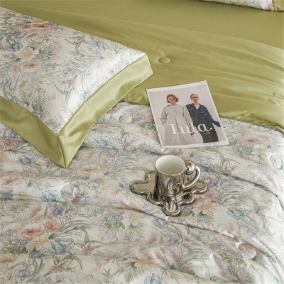 新款水洗真丝数码印花拼角夏被四件套清爽舒适夏凉被裸肤感空调被