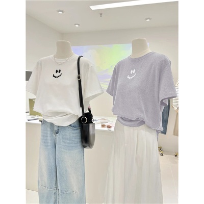 纯棉春夏百搭简约笑脸韩系灰色宽松显瘦短袖打底衫T恤女小众慵懒