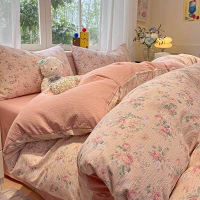 A类双层纱水洗棉四件套单人床单被套纯棉三件套高级感被罩床笠款