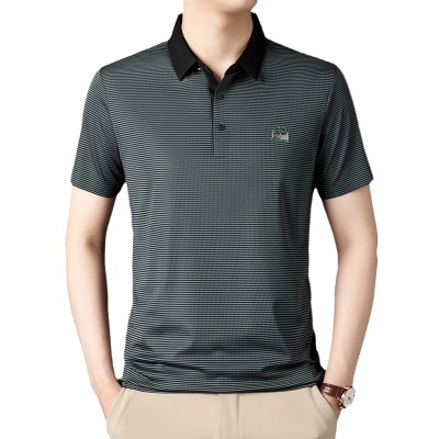 2025男士短袖翻领T恤男时尚休闲烫钻 条纹半袖POLO衫中年男装代发