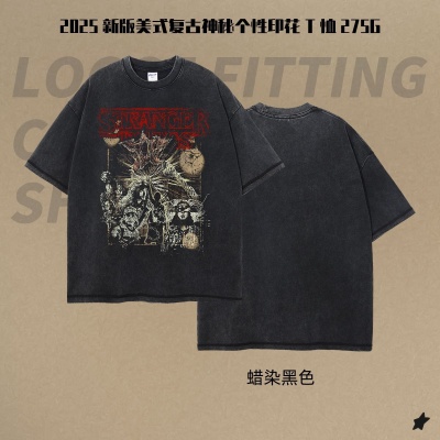 链潮男装丨2025夏季跨境潮牌男装短袖美式复古神秘个性印花t恤