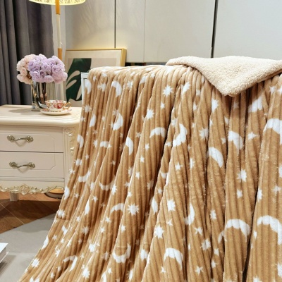 跨境新款星月抽条羊羔绒双层毛毯法兰绒毯子办公室午睡盖毯空调被