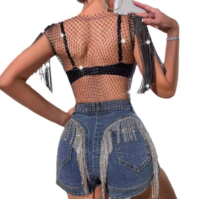 水钻性感渔网上衣欧美夏季亚马逊爆款网钻闪钻女装流苏披肩小背心