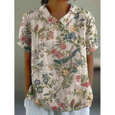 跨境外贸2024夏季女装新款亚马逊宽松印花圆领休闲大码套头女装T