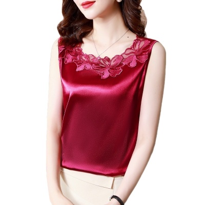2023背心女夏时尚打底衫内搭丝绸缎面蕾丝拼接设计感外穿无袖上衣