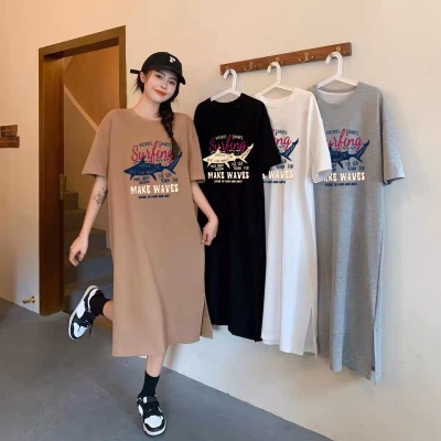 短袖t恤连衣裙子夏季大码休闲宽松胖mm遮肚显瘦开叉过膝长款裙女