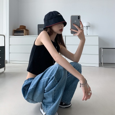 2025春夏新款个性辣妹黑色背心女外穿内搭运动风短款吊带上衣打底