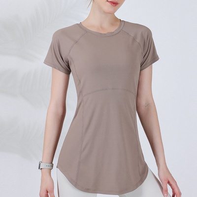 外贸2024新款瑜伽服女中长款遮臀显瘦短袖T恤跑步运动上衣健身服