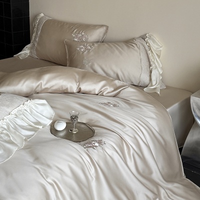 新款高端天丝四件套夏季浪漫粉色玫瑰花边冰凉感床笠被套床上用品