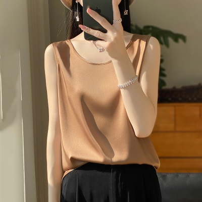 丝绸缎面2025春夏季新款女套头短款上衣无袖背心圆领吊带纯色内搭
