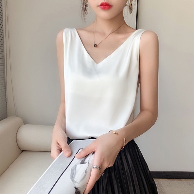 24真丝吊带背心女内搭西装白色黑色打底缎面桑蚕丝上衣小夏季v领