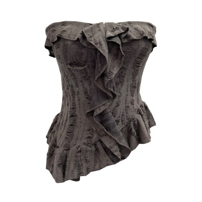 实拍 废土风抹胸做旧破洞不规则荷叶边背心千禧辣妹无袖上衣 9228