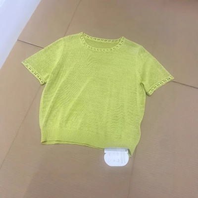 厂家现货手工钩花纸纱短袖2025新款时尚休闲T恤女装纯色百搭上衣