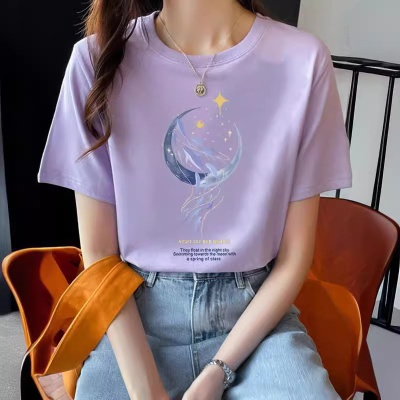 宽松纯棉短袖t恤女士夏装新款漂亮上衣设计感印花卫衣女圆领春秋