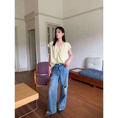 衣夫 2025夏季女装新款韩版复古破洞牛仔长裤CW23525