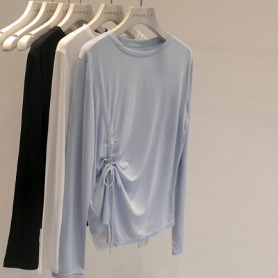 韩系小姐姐!轻薄凉感竹节棉抽绳长袖T恤女简约纯色防晒罩衫潮