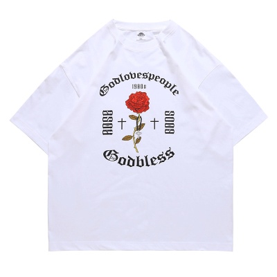 VIVGAE小众设计复古玫瑰哥特风印花短袖T恤个性炸街潮牌宽松男装