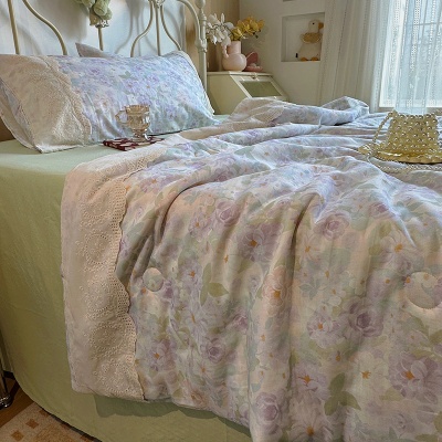 夏季新品母婴A类全棉双层纱法式大花边夏被床单四件套纯棉空调被