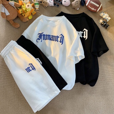 华夫格休闲运动套装男士宽松透气T恤上衣春夏秋季冰丝凉感短袖