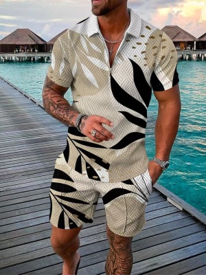 独立站金色3D时尚拉链polo衫套装男士休闲3D印花Polo衫短裤2件套