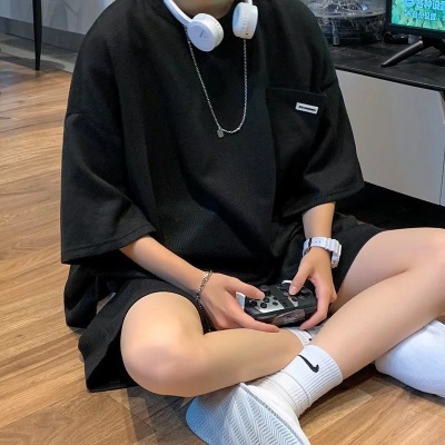 套装~子俊潮牌华夫格短袖T恤宽松半袖直筒阔腿休闲五分裤运动套装