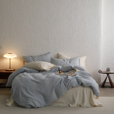 夏季全棉色织双层皱皱纱四件套纯棉被套床单床上用品床笠1.2m宿舍