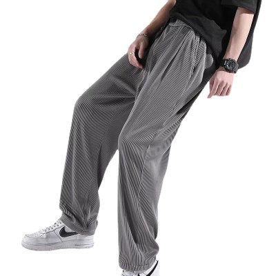 夏季薄款冰丝裤男款宽松大码垂感空调运动休闲裤子潮流阔腿裤代发