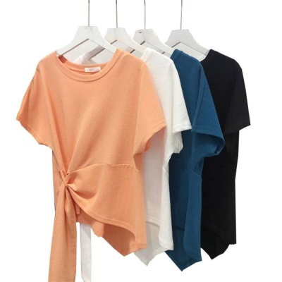 短袖t恤女夏装2024新款韩版纯色小心机设计感交叉不规则洋气上衣