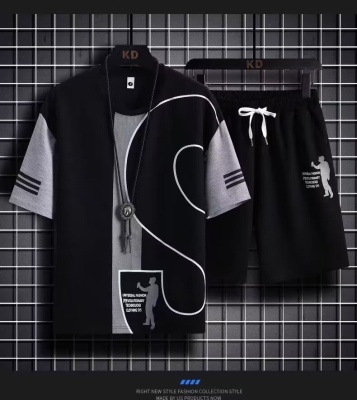 2023港风夏季韩版运动套装男生宽松T恤学生短袖简约五分裤高级感