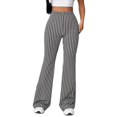 跨境亚马逊弹力休闲裤 运动黑白千鸟格女士裤 气质通勤舒适微喇裤