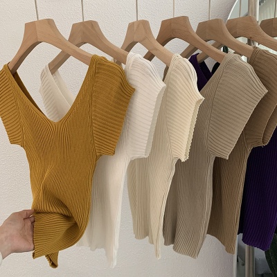 欧玛莱 纯欲风夏季时尚双V领短袖纯色修身显瘦针织衫上衣批发3215