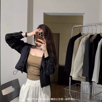 2024螺纹小方领一体背心女一体罩杯内搭外穿无痕休闲吊带背心女