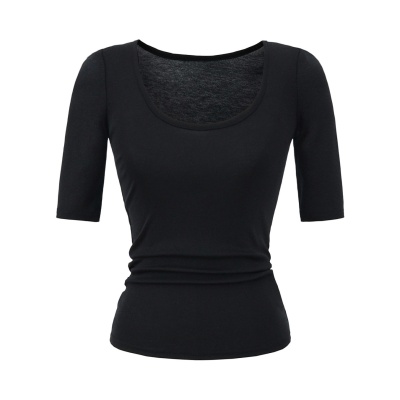 圆领中袖复古基础针织上衣女修身五分袖T恤U领天丝打底衫2025夏现